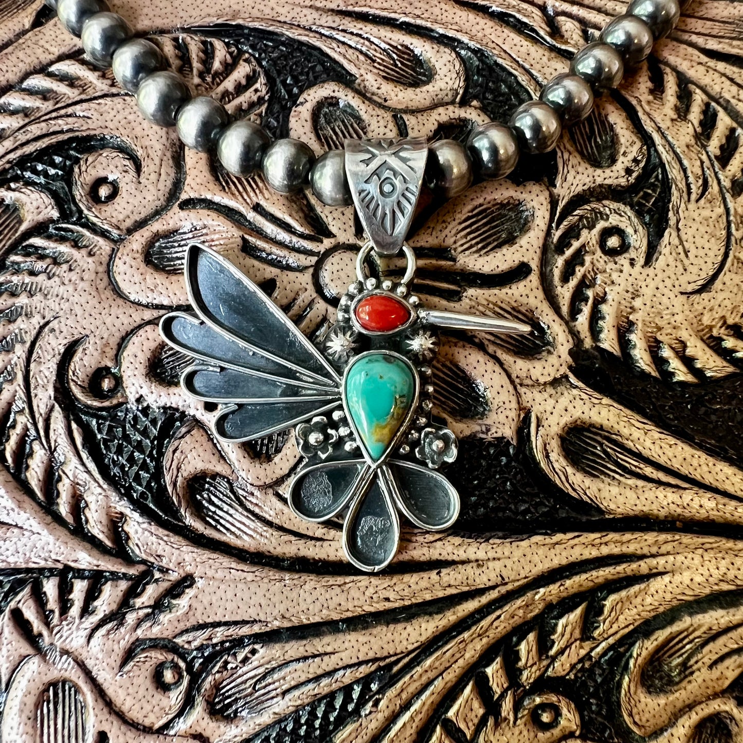 Kingman Turquoise & Italian Red Coral Hummingbird Pendant