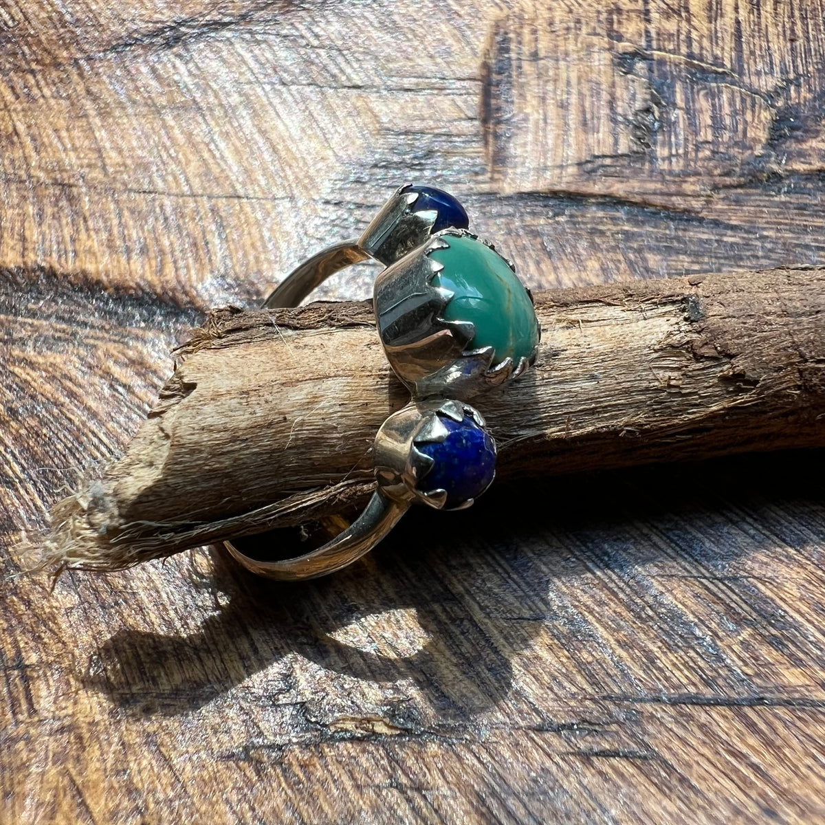 Sterling Silver Kingman Turquoise & Lapis Lazuli Three-Stone Ring