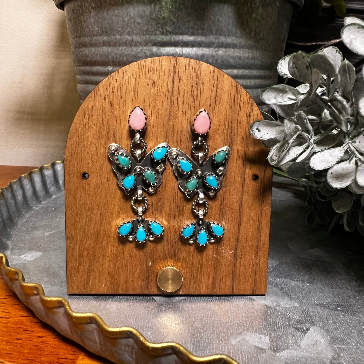 Sterling Silver Kingman Turquoise & Queen Conch Butterfly Dangle Earrings