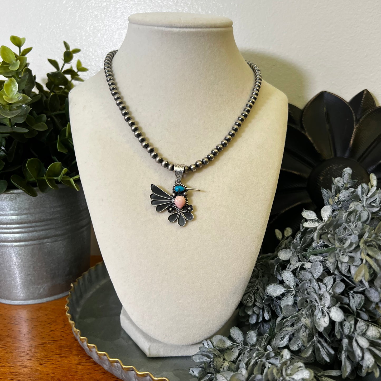 Sterling Silver Hummingbird Pendant – Pink Conch & Kingman Turquoise