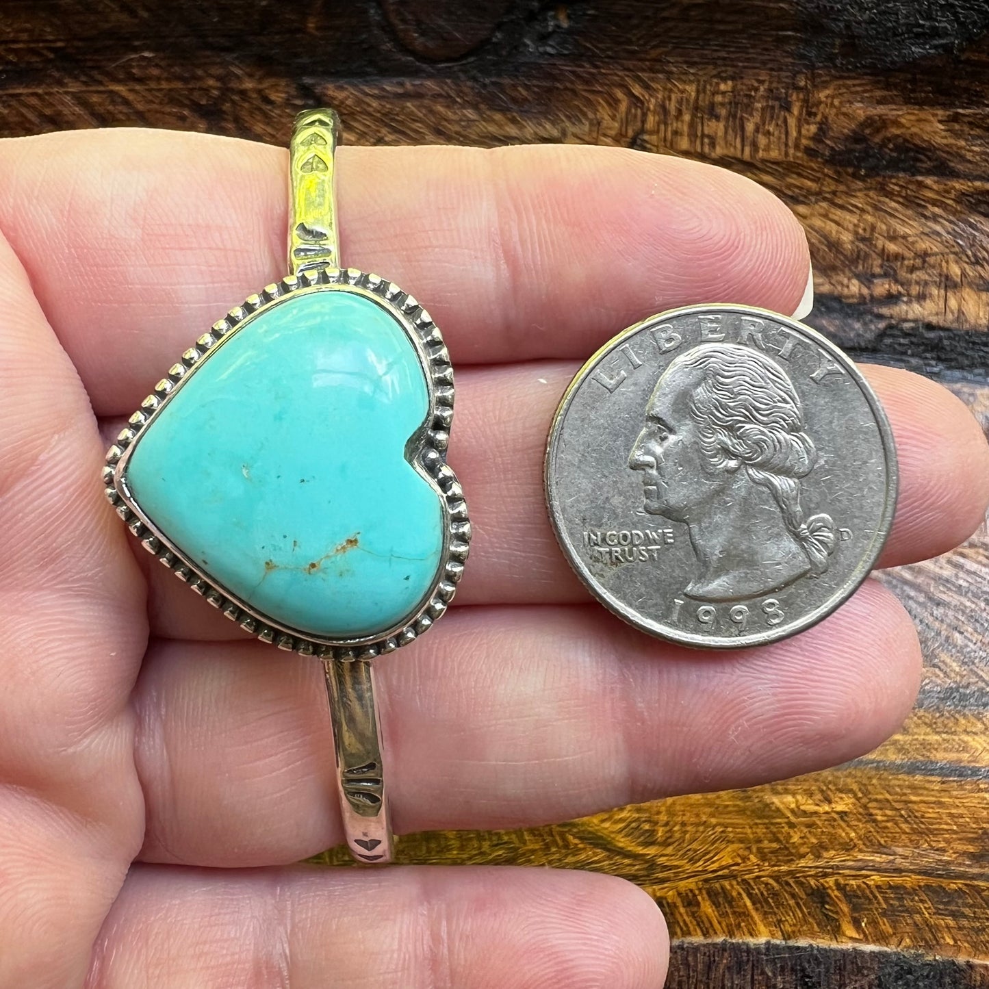 Kingman Turquoise Heart Cuff Bracelet Sterling Silver Adjustable