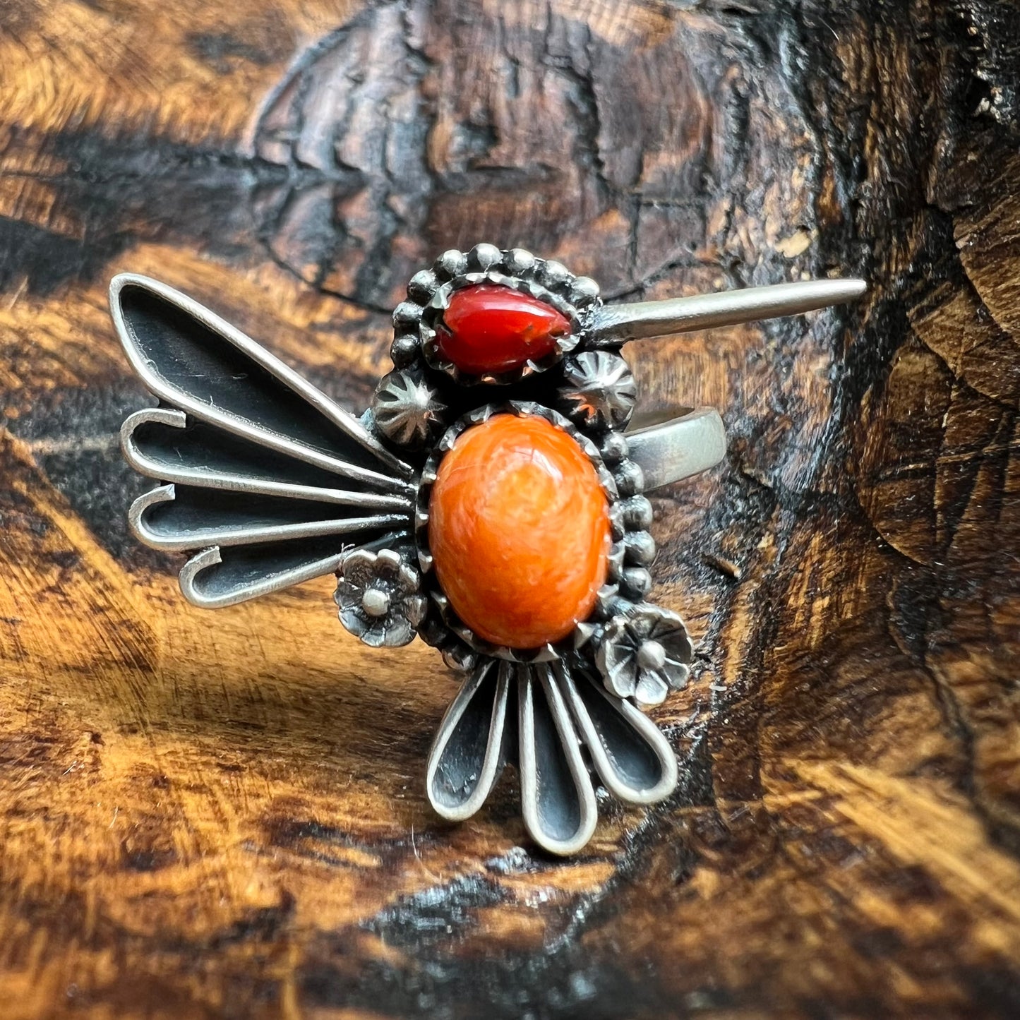 Sterling Silver Spiny Oyster Italian Red Coral Hummingbird Adjustable Ring