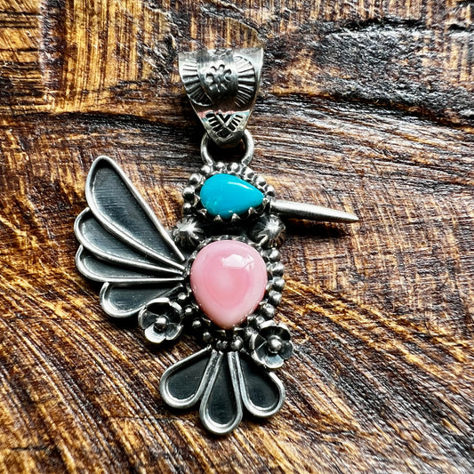 Pink Conch & Kingman Turquoise Hummingbird Sterling Silver Pendant