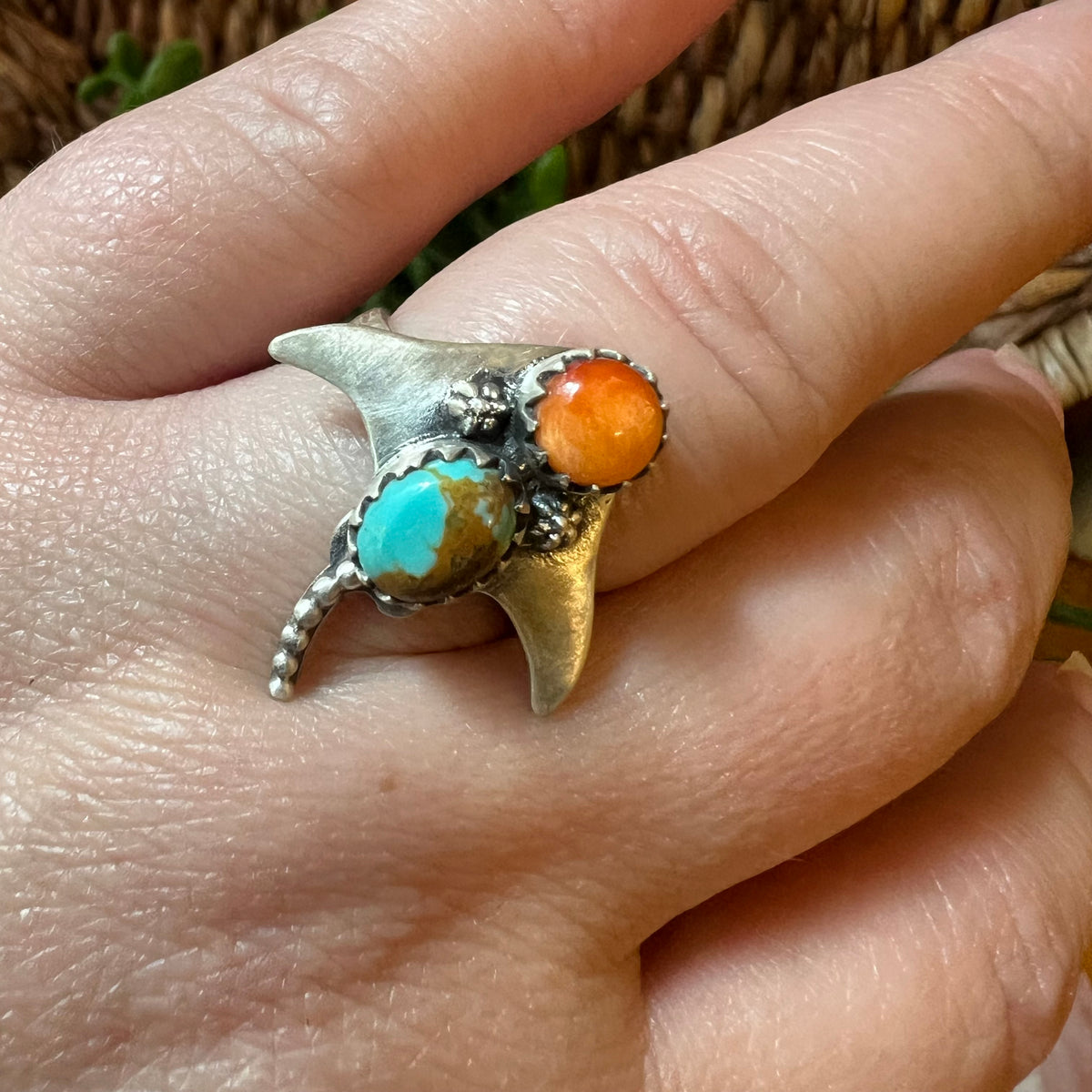 Sterling Silver Manta Ray Ring – Turquoise with Queen Conch or Spiny Oyster