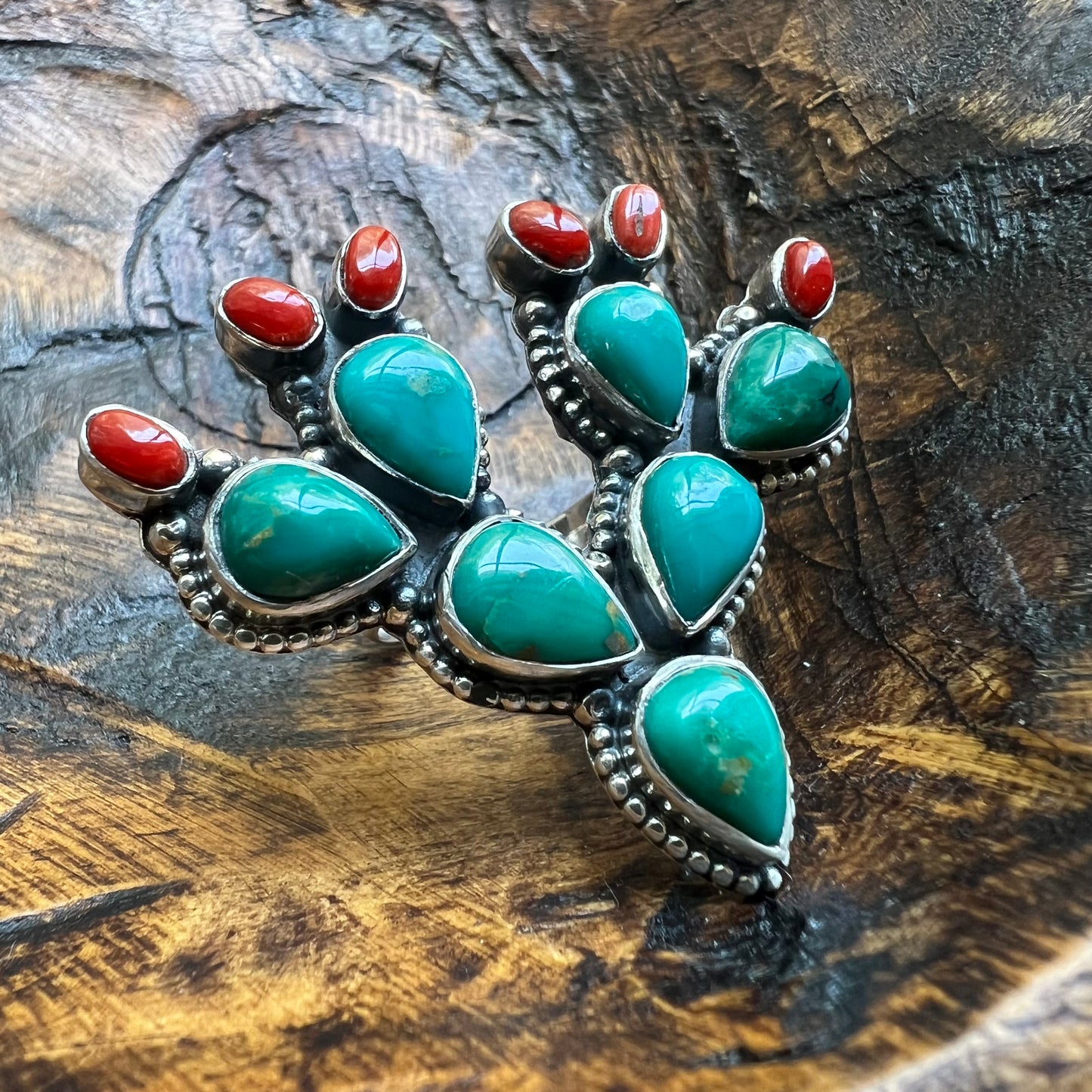 Sterling Kingman Turquoise Red Coral Cactus Ring Size 8 Statement Ring