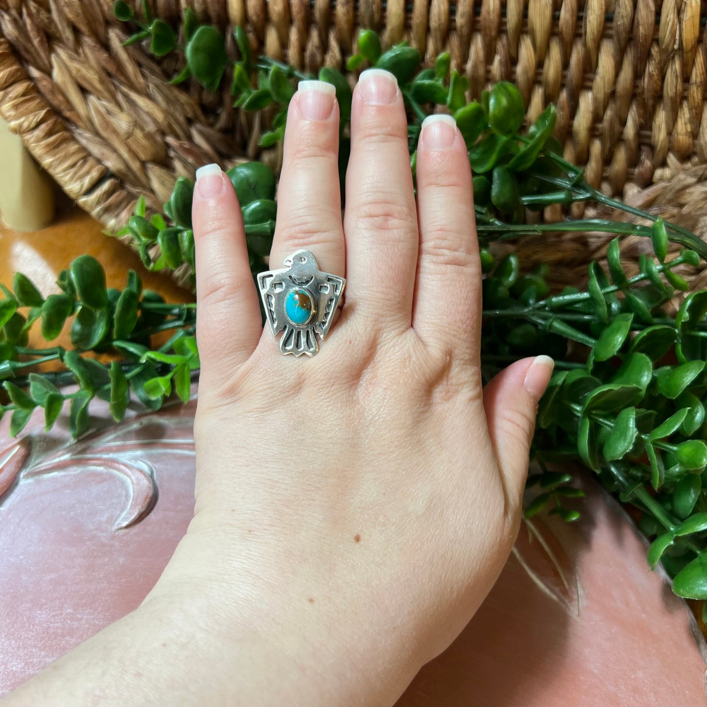 Sterling Silver Kingman Turquoise Thunderbird Ring Size 8.5