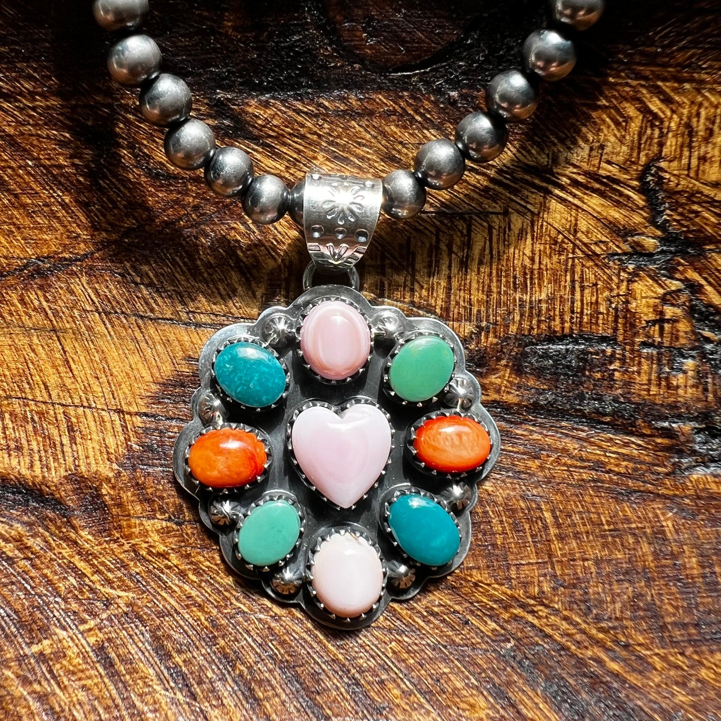 Queen Conch, Kingman Turquoise & Spiny Oyster Cluster Heart Pendant