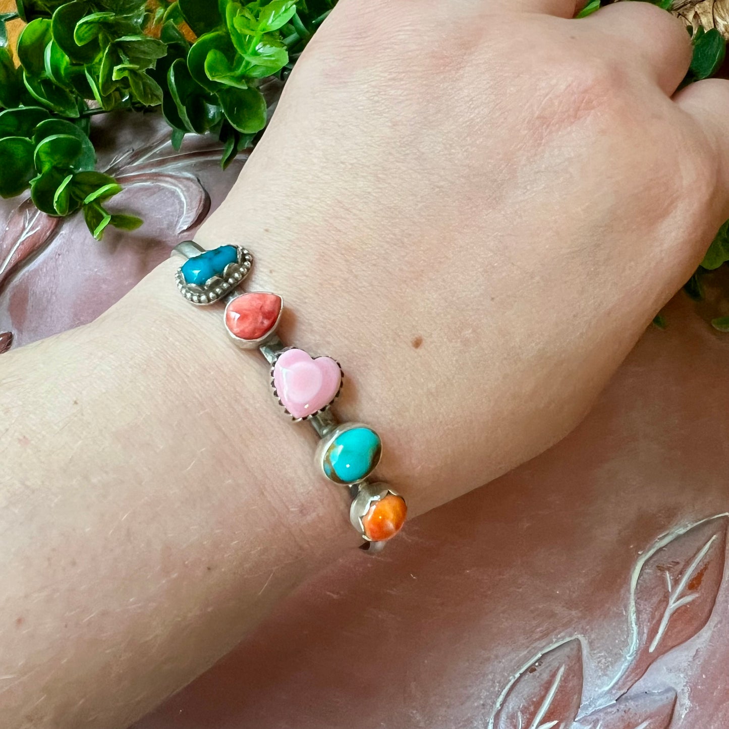 Multi-Stone Sterling Silver Cuff Bracelet | Turquoise, Queen Conch & Spiny Oyster | Size 7.5