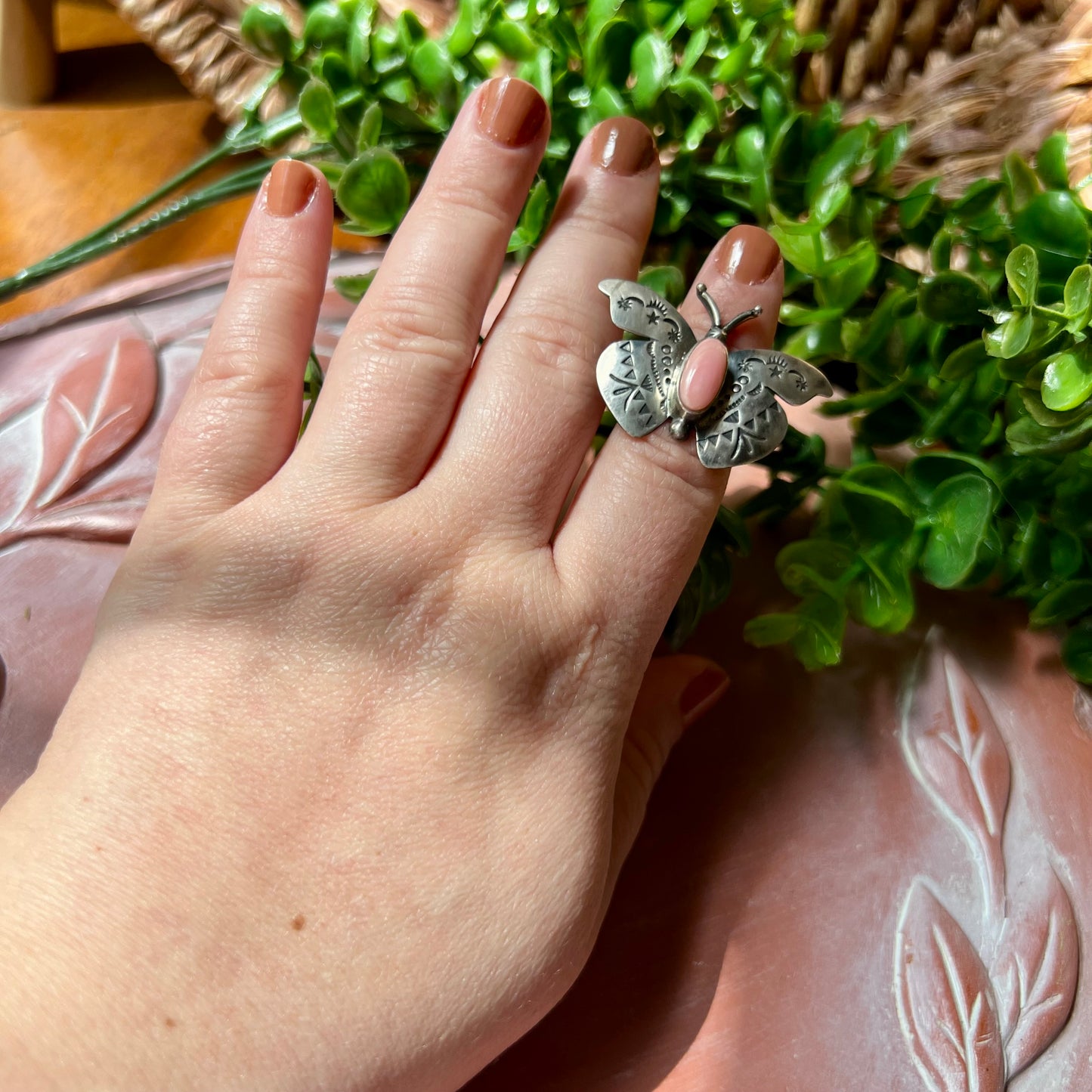 Pink Queen Conch Moth Ring – Sterling Silver Southwestern Statement Ring