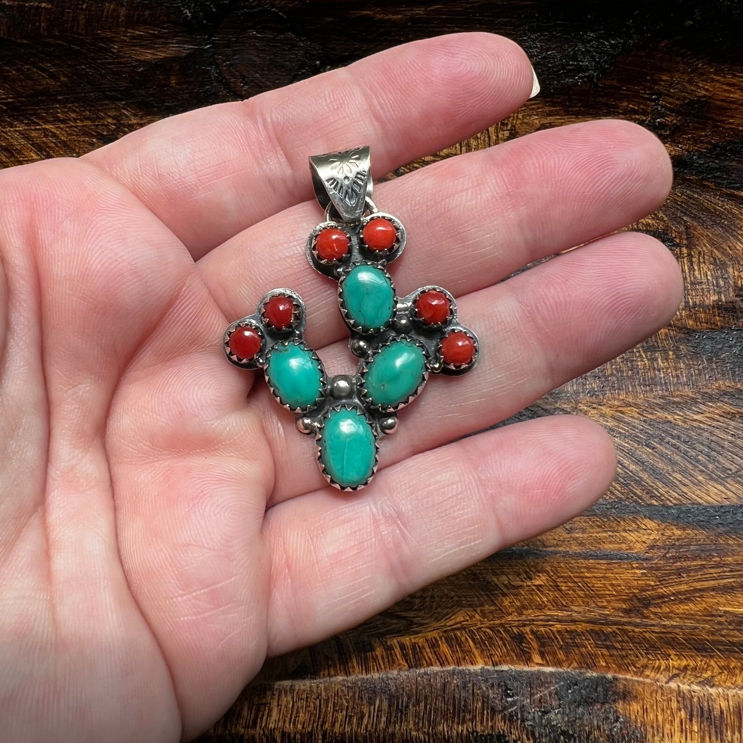 Kingman Turquoise & Coral Cactus Sterling Silver Pendant