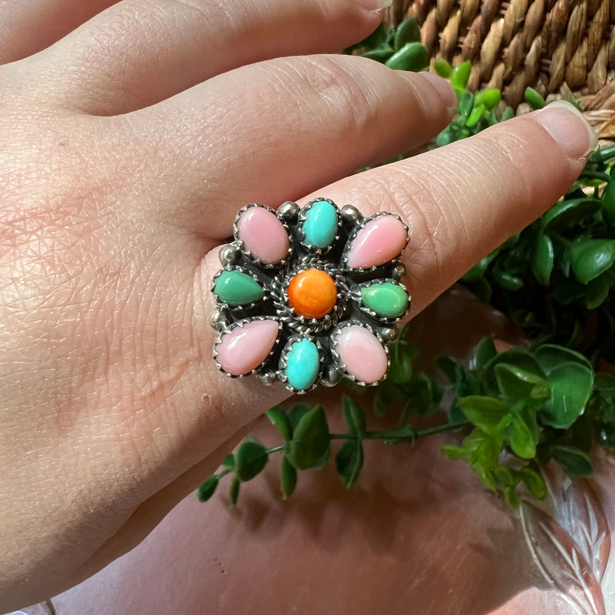 Sterling Silver Kingman Turquoise, Spiny Oyster & Queen Conch Cluster Ring – Size 10 Adjustable
