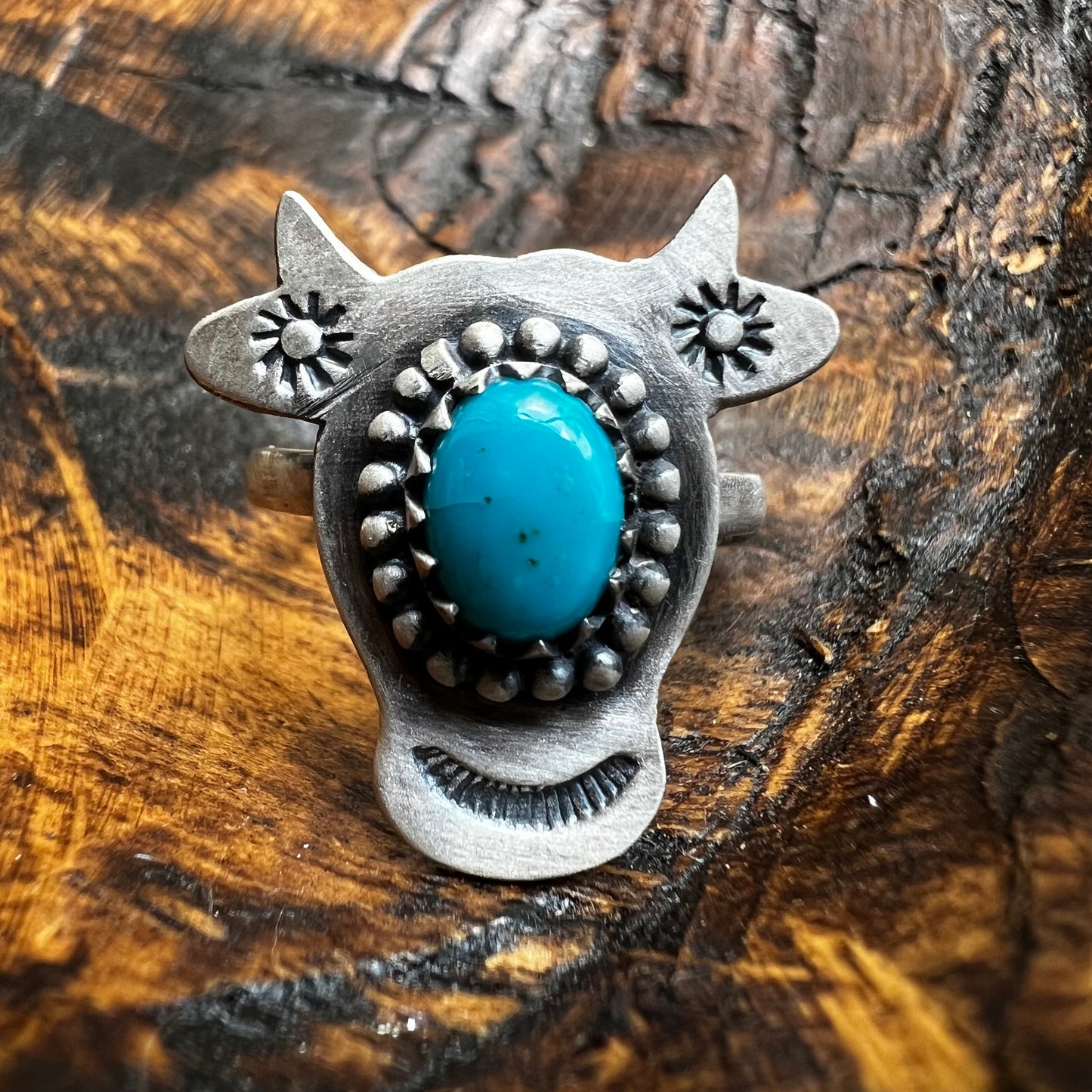 Sterling Silver Kingman Turquoise Cow Ring Adjustable