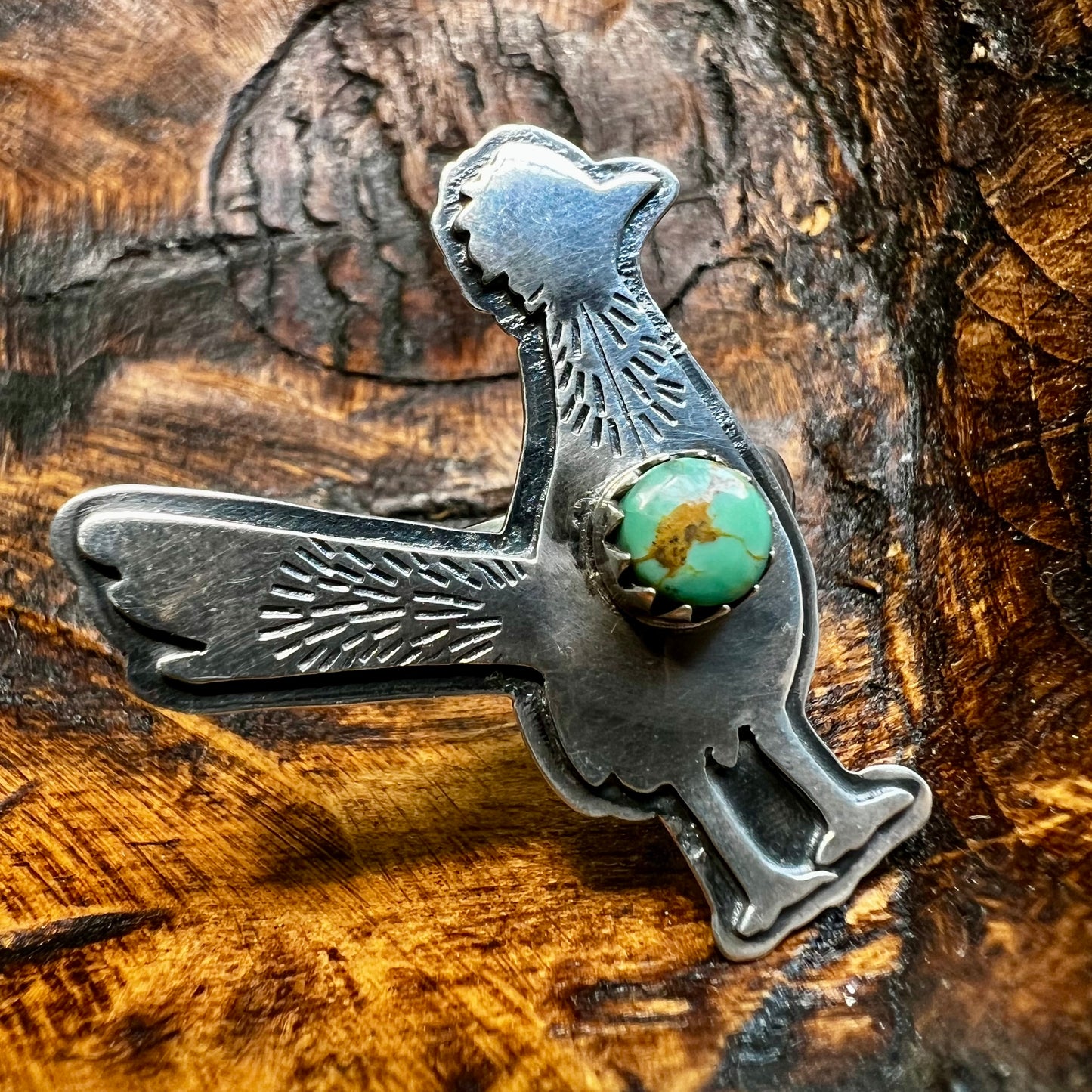 Sterling Silver Kingman Turquoise Roadrunner Ring – Handmade Southwestern Statement Size 9