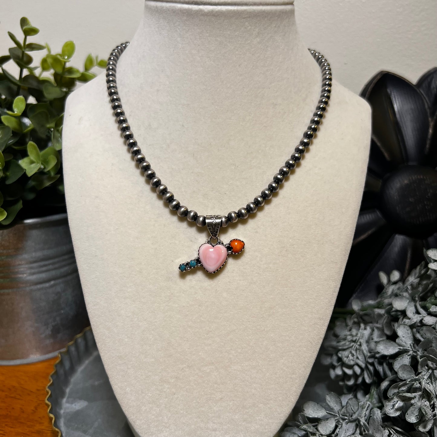 Sterling Silver Pink Conch Heart Arrow Pendant