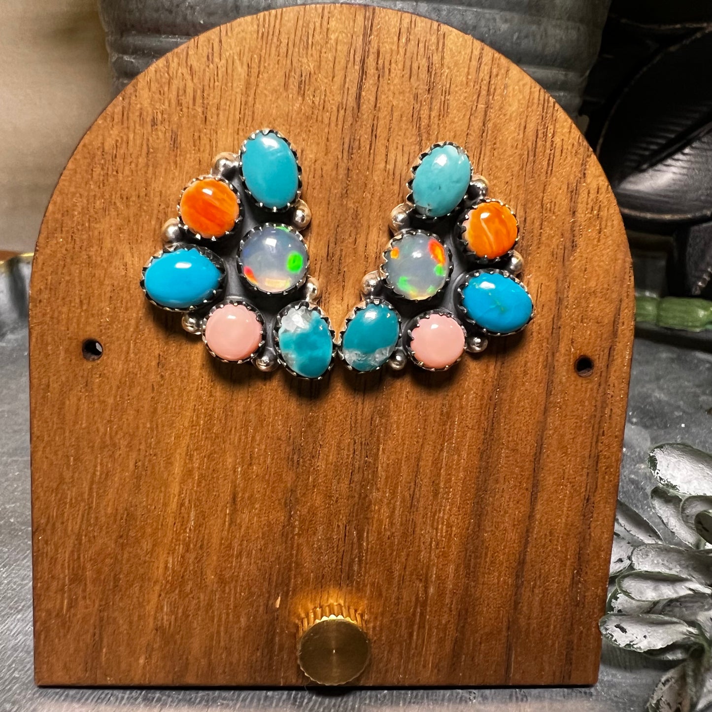 Kingman Turquoise, Ethiopian Opal & Queen Conch Half Cluster Earrings | Sterling Silver