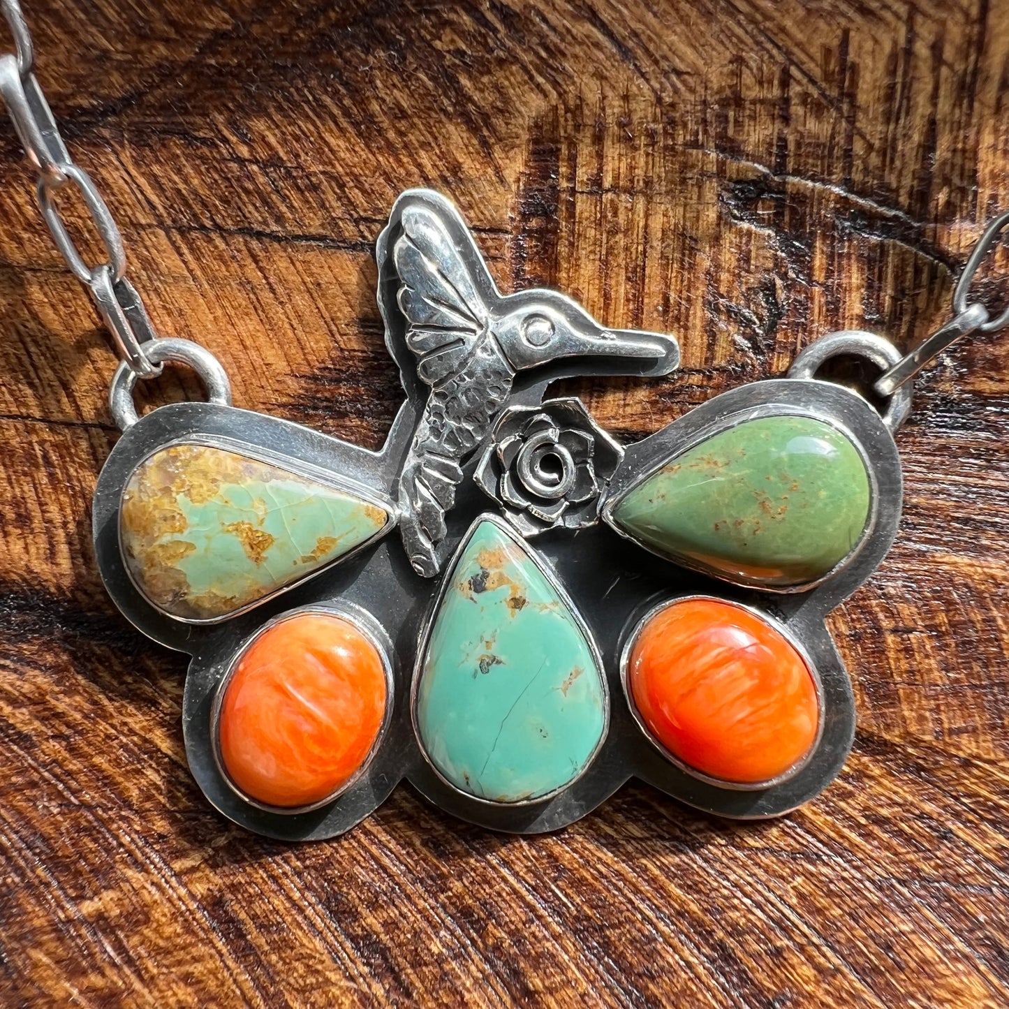 Sterling Silver Kingman Turquoise & Spiny Oyster Butterfly Hummingbird Necklace