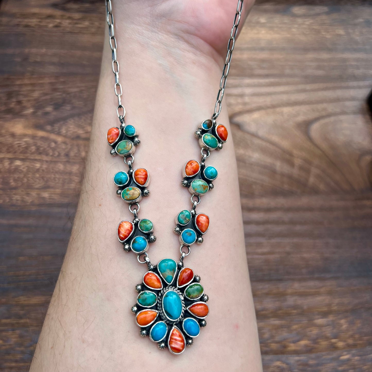 Collector’s Kingman Turquoise & Spiny Oyster Cluster Necklace – 29 Stone Statement