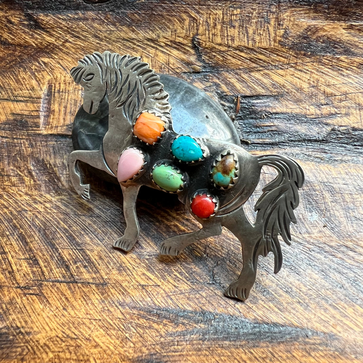Sterling Silver Multi-Stone Horse Pendant – Kingman Turquoise, Queen Conch, Spiny Oyster & Italian Red Coral