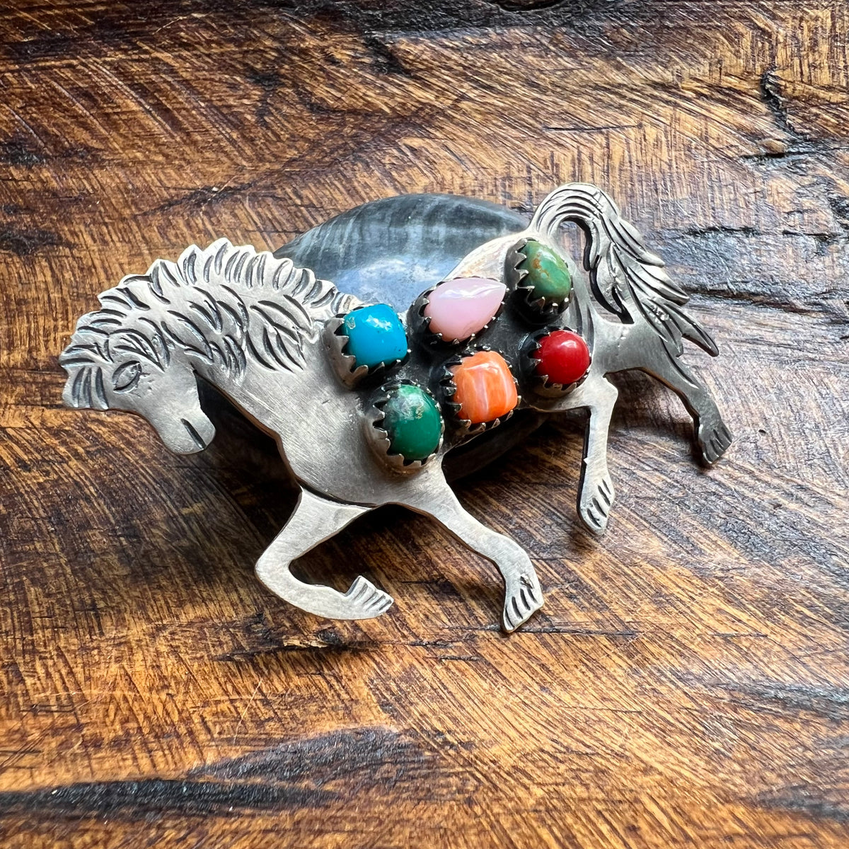 Sterling Silver Multi-Stone Horse Pendant – Kingman Turquoise, Queen Conch, Spiny Oyster & Italian Red Coral