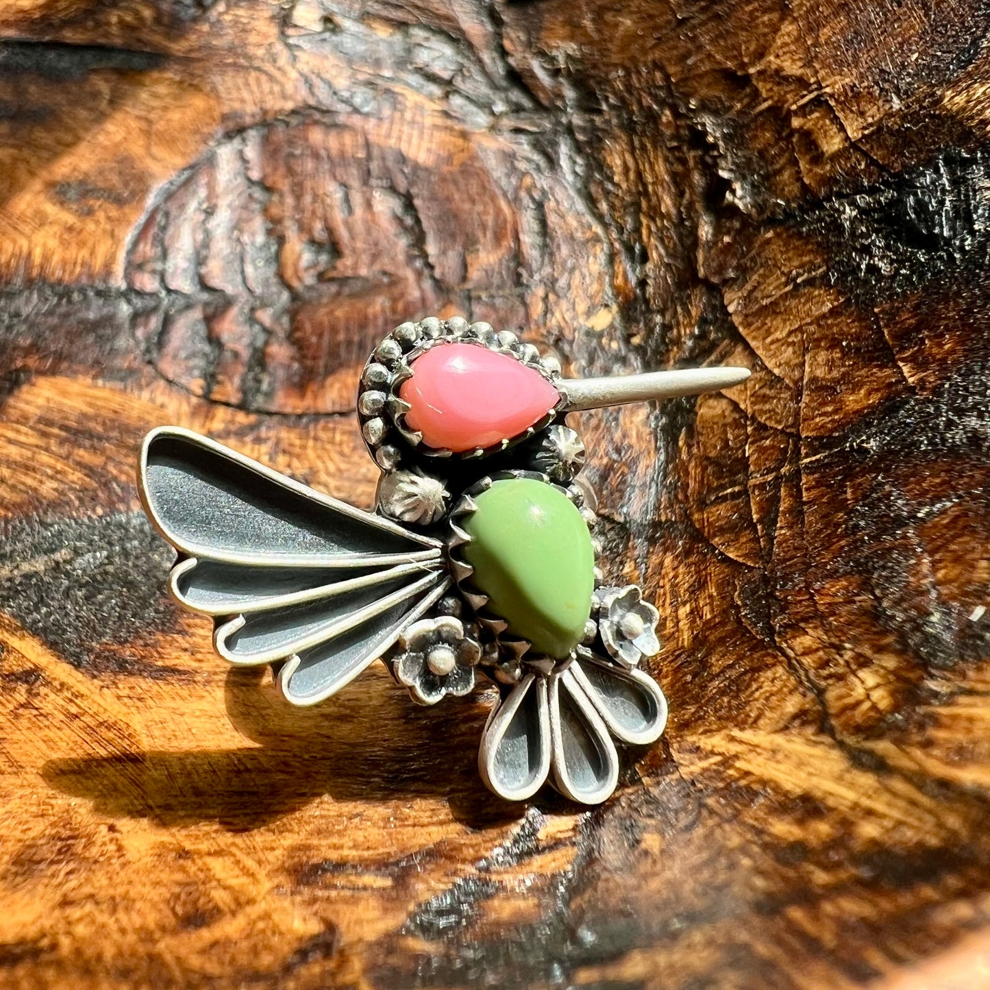 Sterling Silver Green Turquoise Queen Conch Hummingbird Ring Adjustable 8