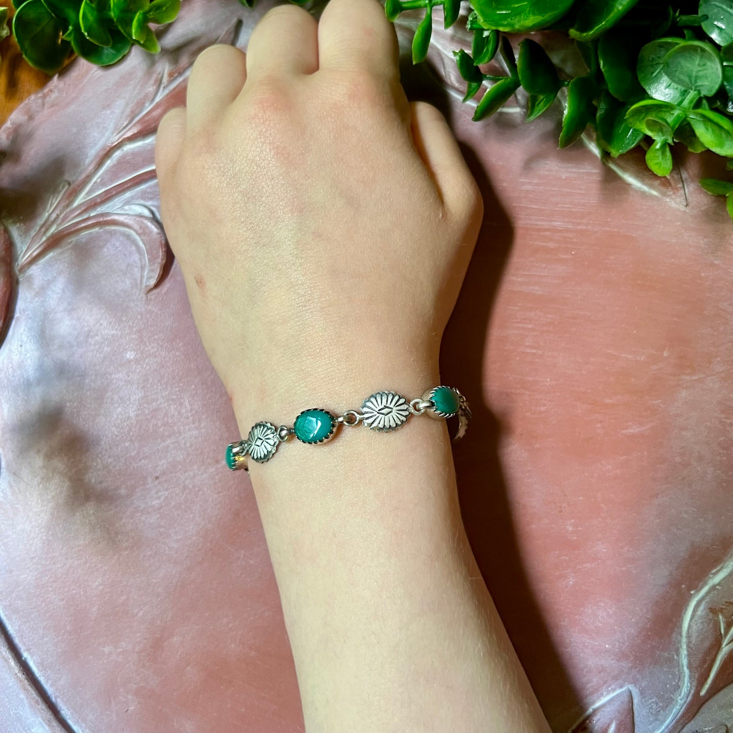 Kingman Turquoise Concho Link Bracelet Sterling Silver Size 7.25
