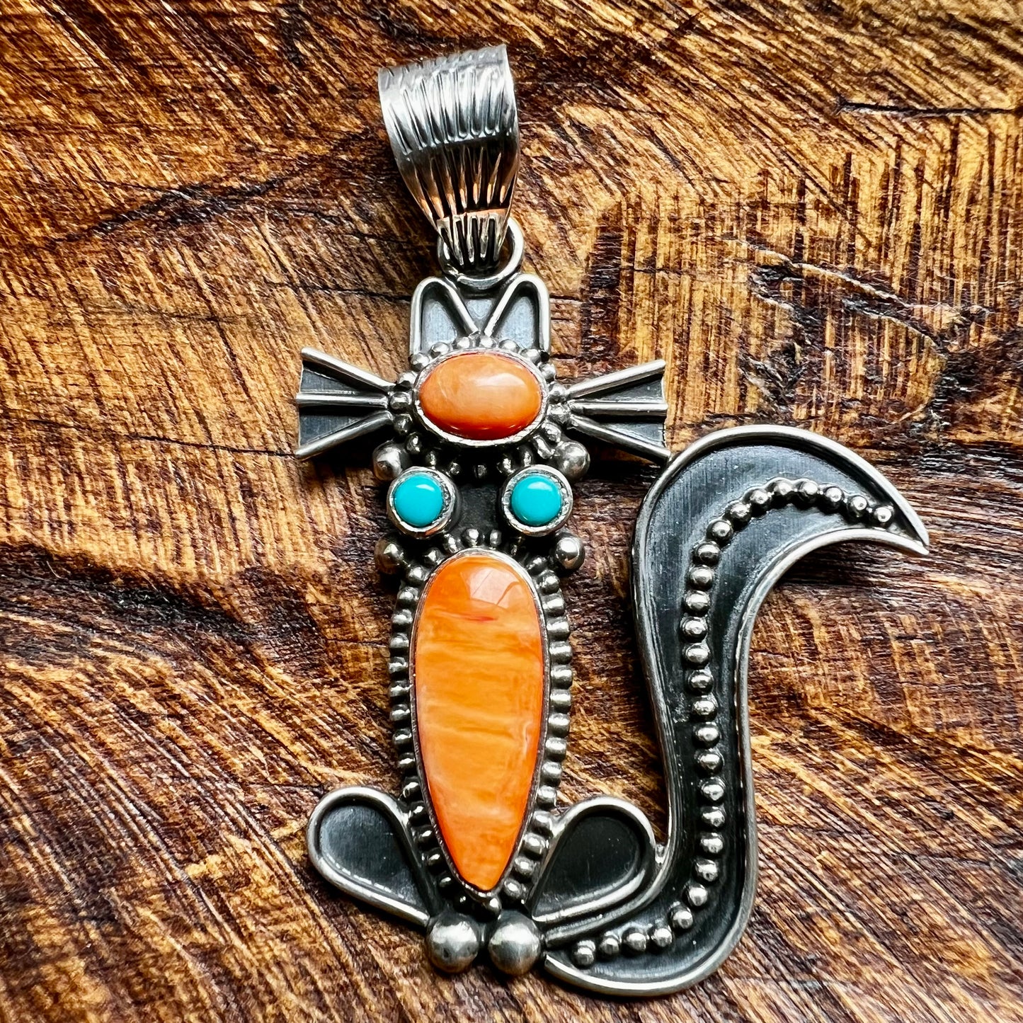Handcrafted Sterling Silver Spiny Oyster & Kingman Turquoise Cat Pendant