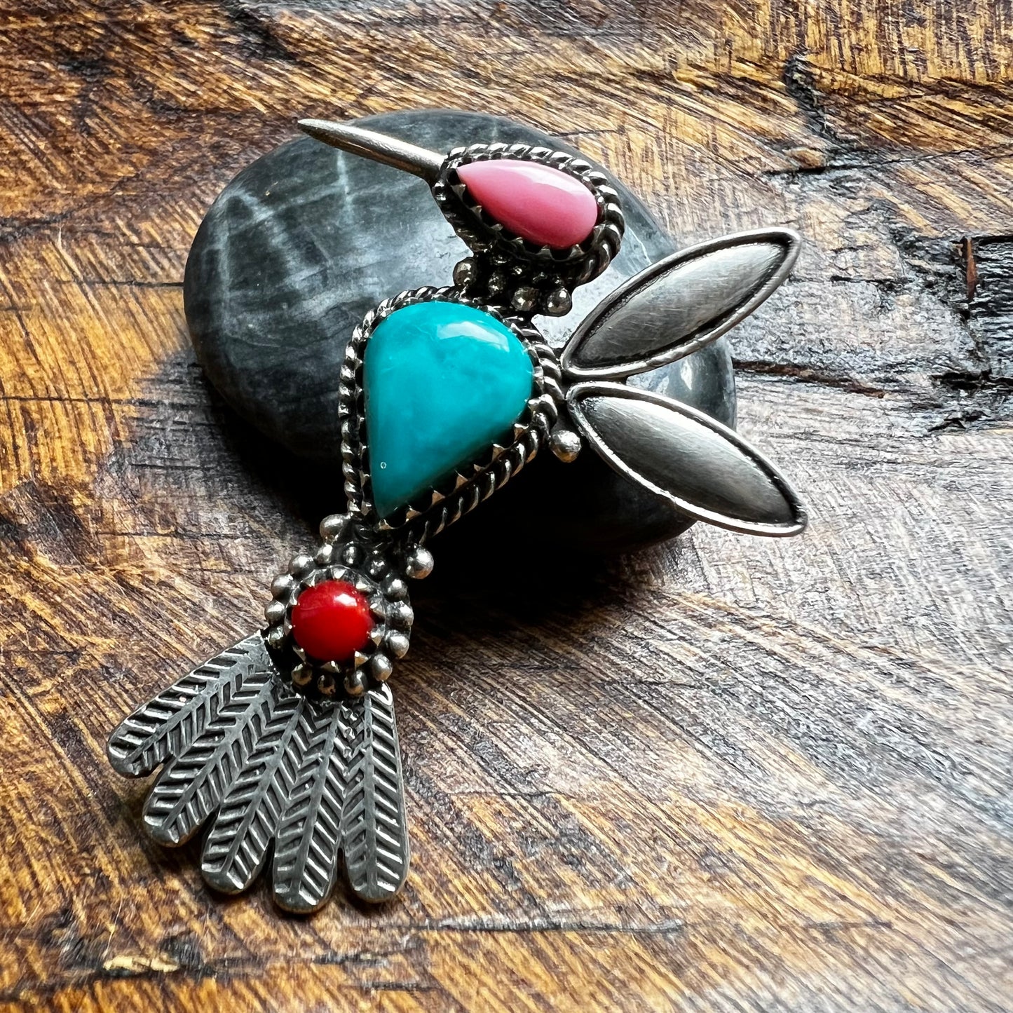 Sterling Kingman Turquoise Queen Conch Coral Hummingbird Brooch Pin