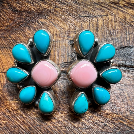 Pink Conch & Kingman Turquoise Cluster Sterling Silver Earrings