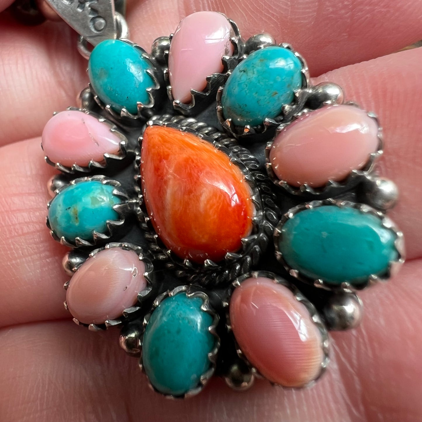 Sterling Kingman Turquoise Queen Conch Spiny Oyster Cluster Pendant