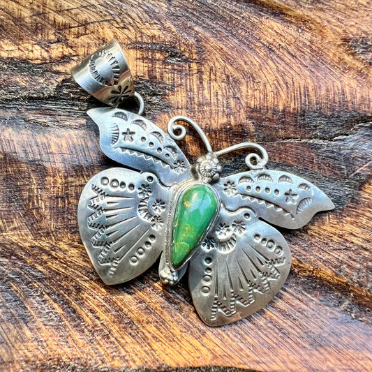 Kingman Turquoise Butterfly–Moth Pendant in Sterling Silver