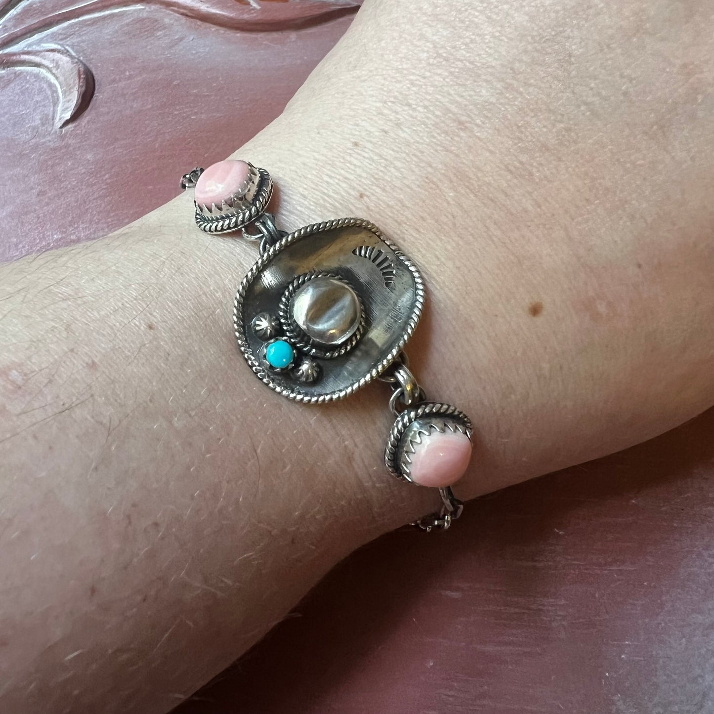 925 Sterling Silver Queen Conch & Kingman Turquoise Cowboy Hat Bracelet