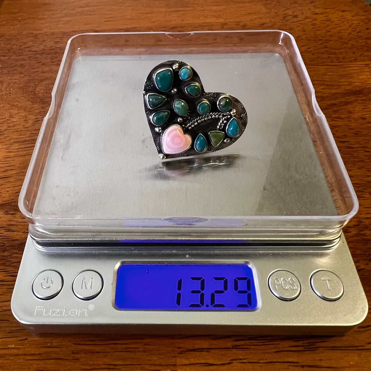 Kingman Turquoise & Queen Conch Heart Ring – Sterling Silver Size 7
