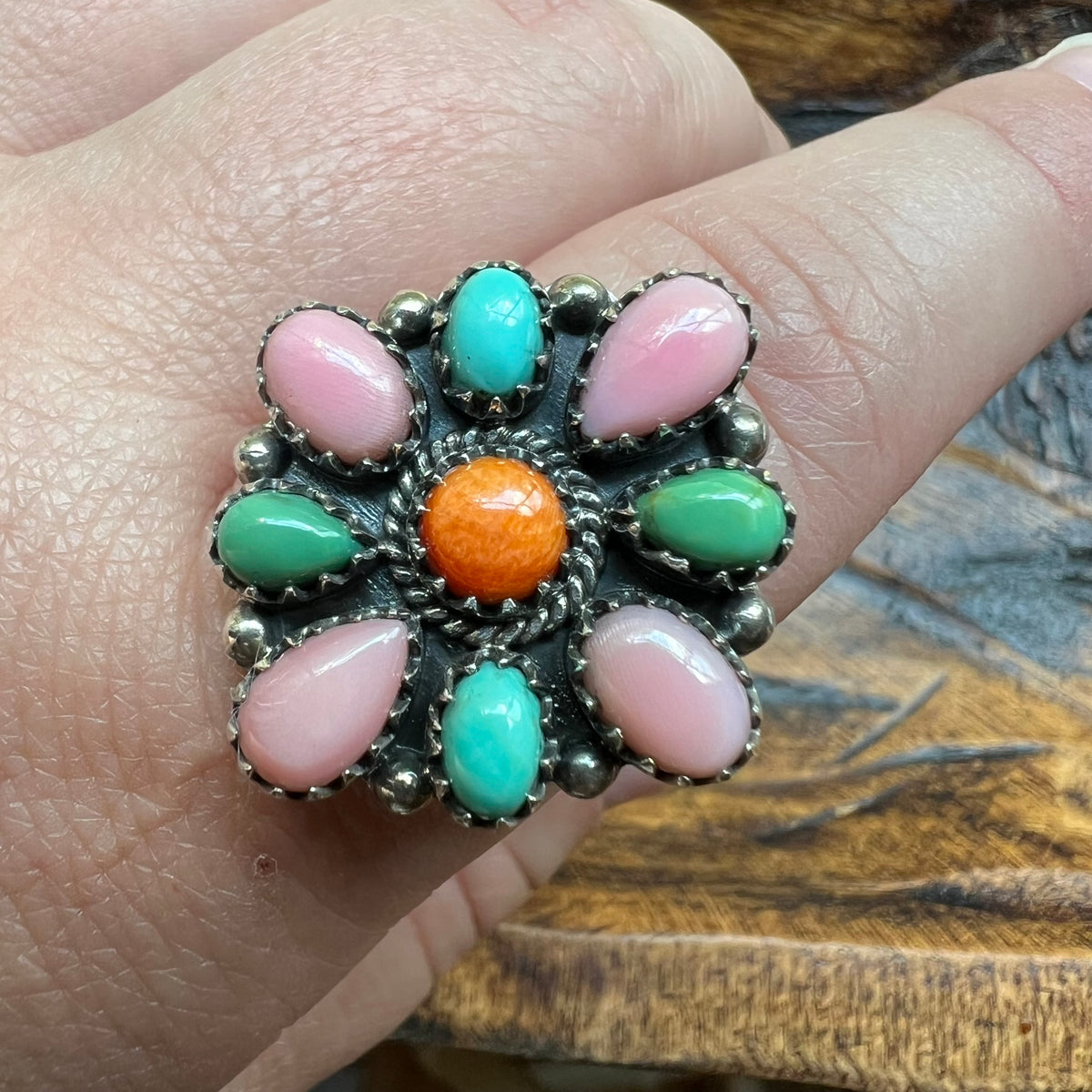 Sterling Silver Kingman Turquoise, Spiny Oyster & Queen Conch Cluster Ring – Size 10 Adjustable