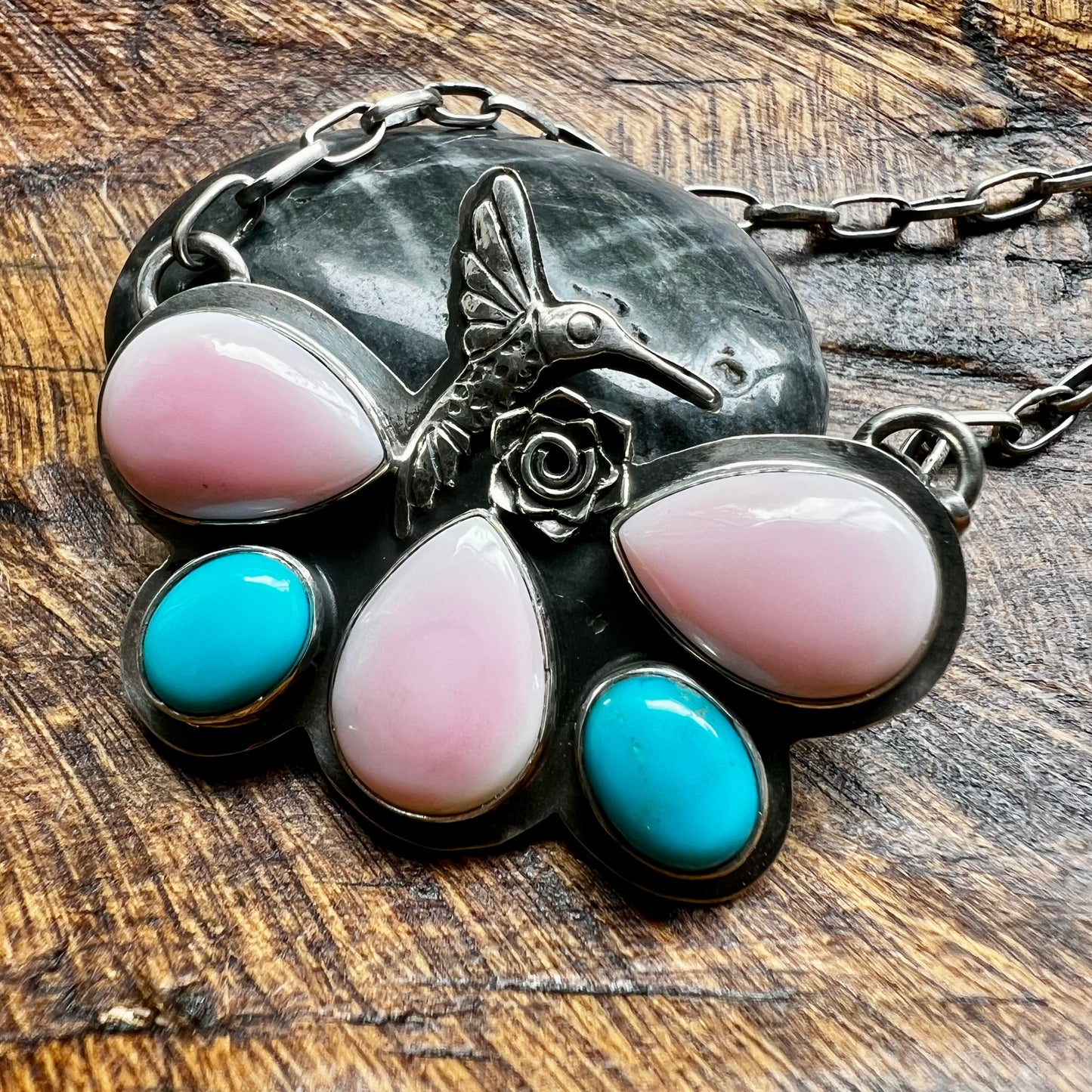 Pink Conch, Turquoise & Sterling Silver Hummingbird Necklace