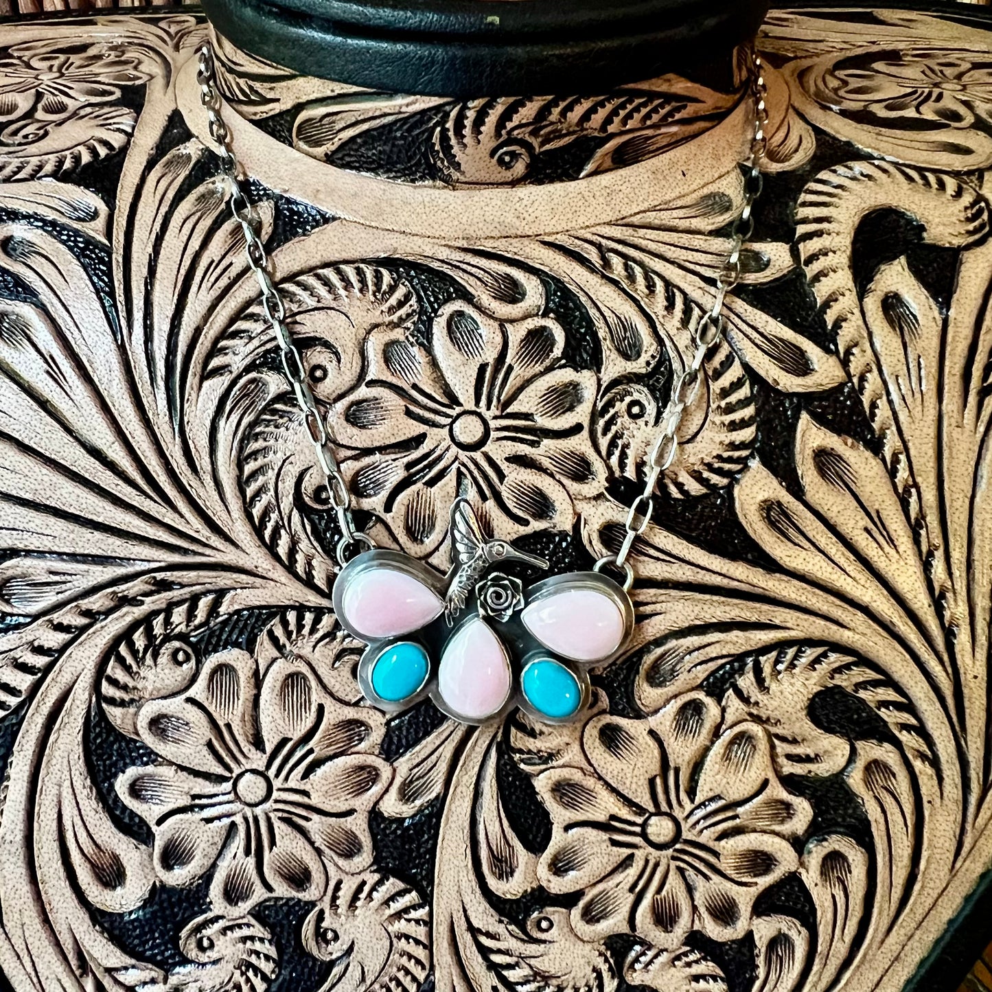 Pink Conch, Turquoise & Sterling Silver Hummingbird Necklace