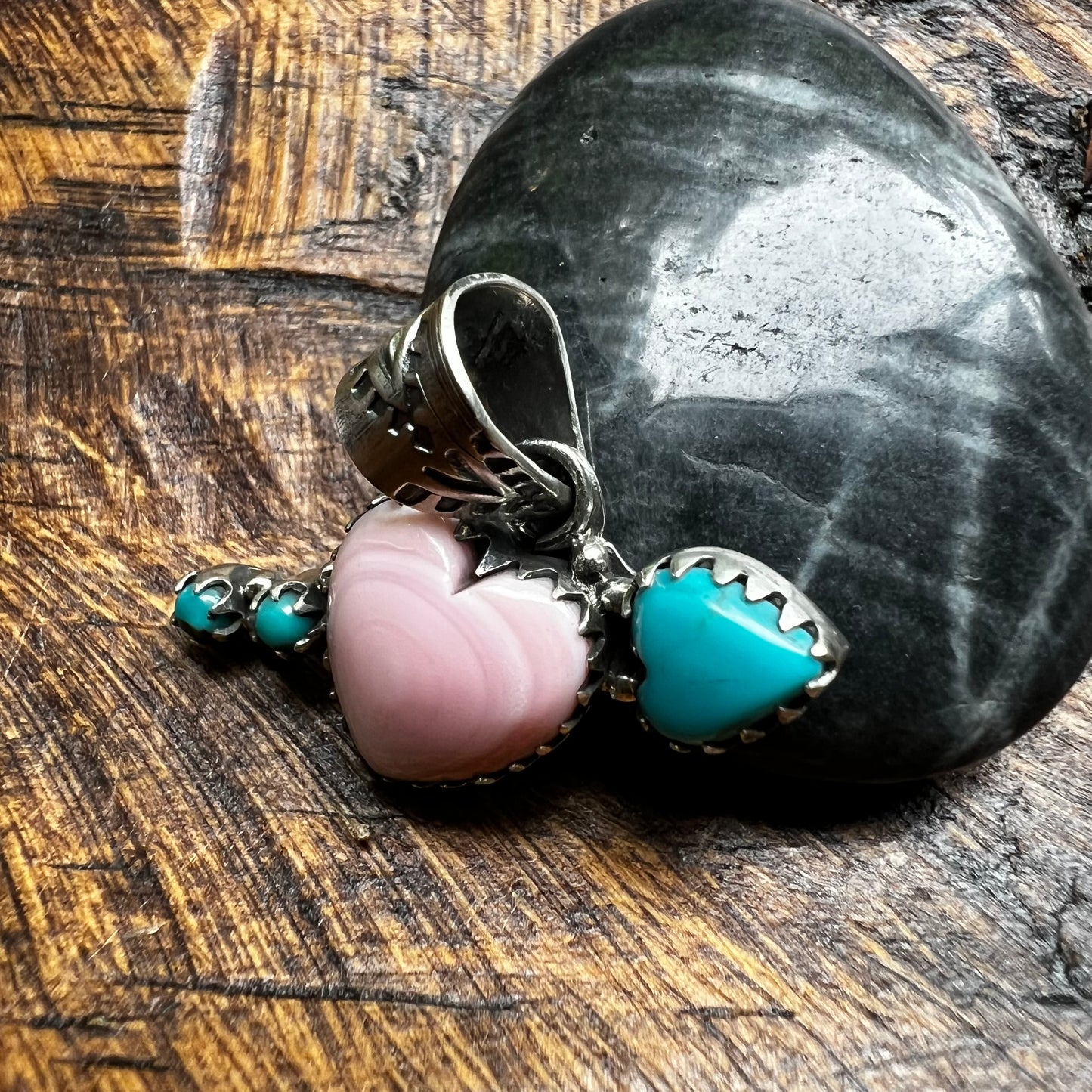 Queen Conch Heart & Kingman Turquoise Arrow Sterling Silver Pendant