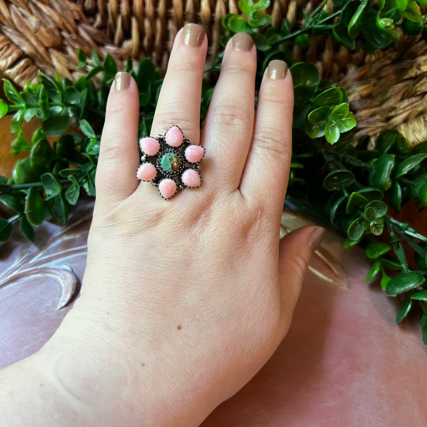 Queen Conch & Kingman Turquoise Flower Cluster Ring – Size 9.5