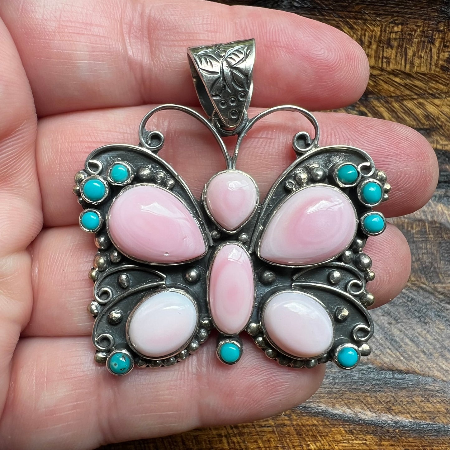Sterling Silver Queen Conch & Kingman Turquoise Butterfly Pendant