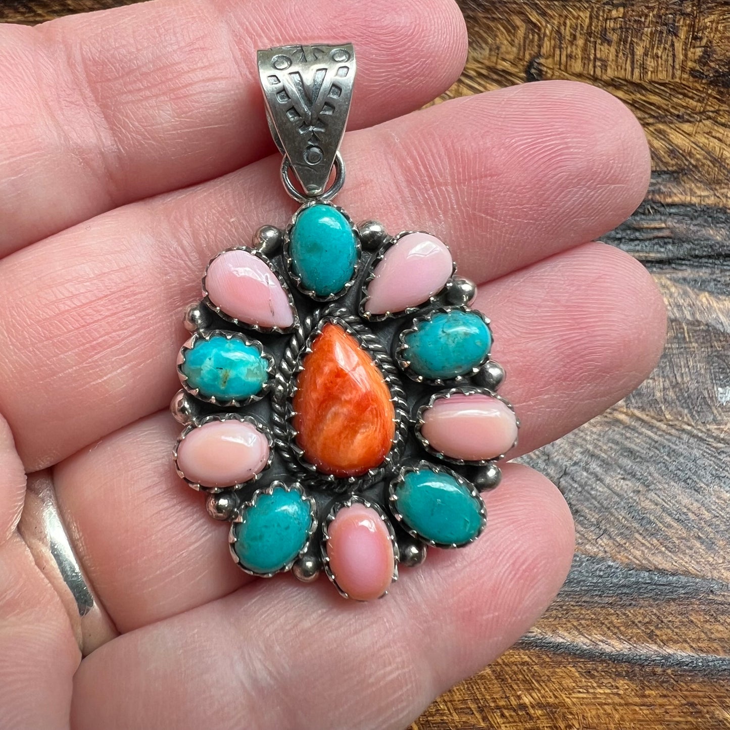 Sterling Kingman Turquoise Queen Conch Spiny Oyster Cluster Pendant