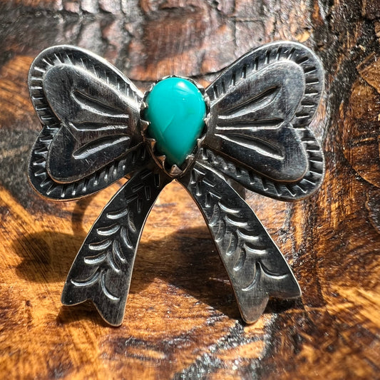 925 Sterling Silver Kingman Turquoise Bow Ring Size 8 Western Statement Ring