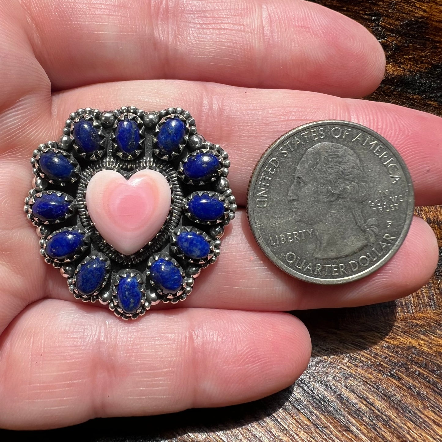 Pink Queen Conch Heart & Lapis Lazuli Statement Ring – Sterling Silver