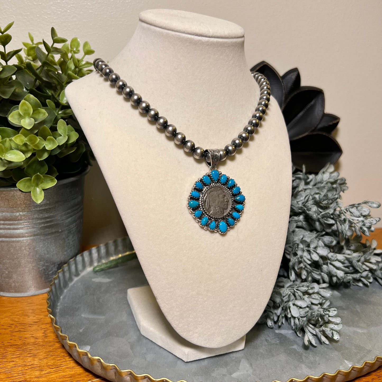 1936 Buffalo Nickel & Kingman Turquoise Cluster Pendant