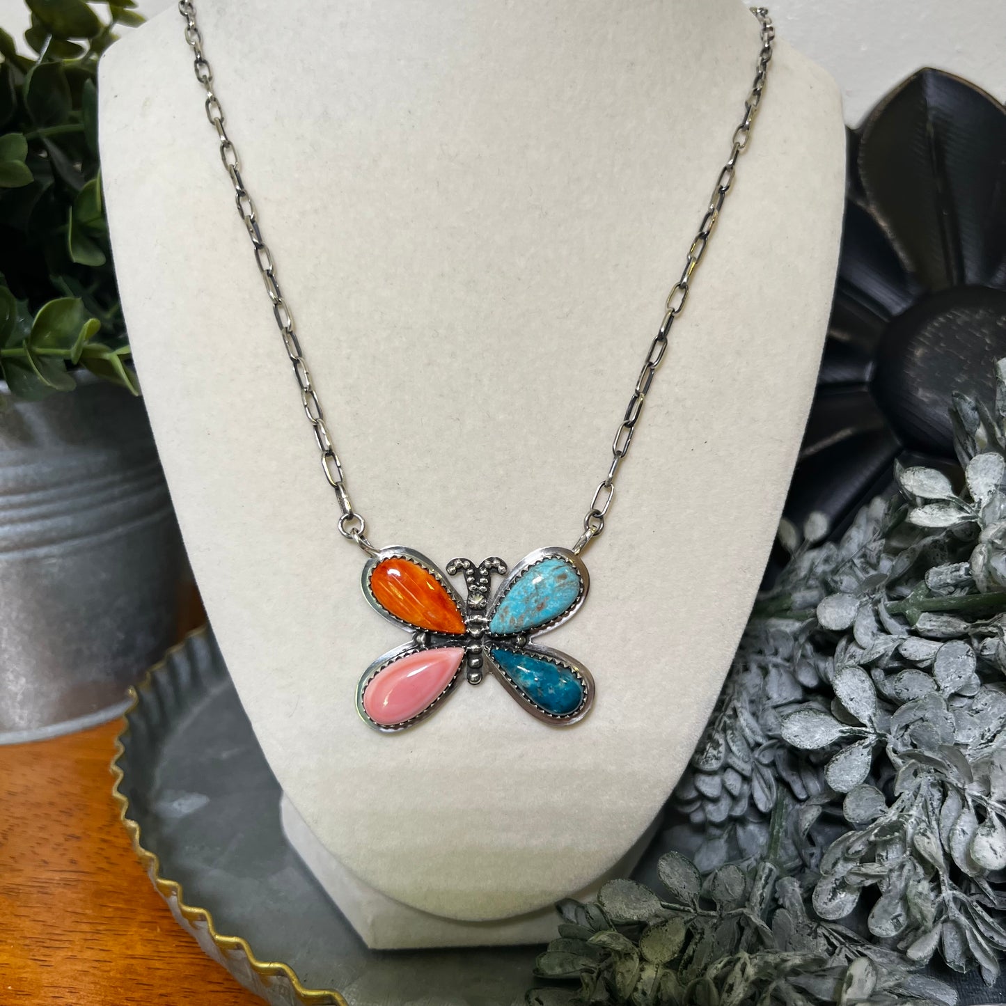Multistone Butterfly Necklace – Kingman Turquoise, Spiny Oyster & Pink Conch Sterling Silver