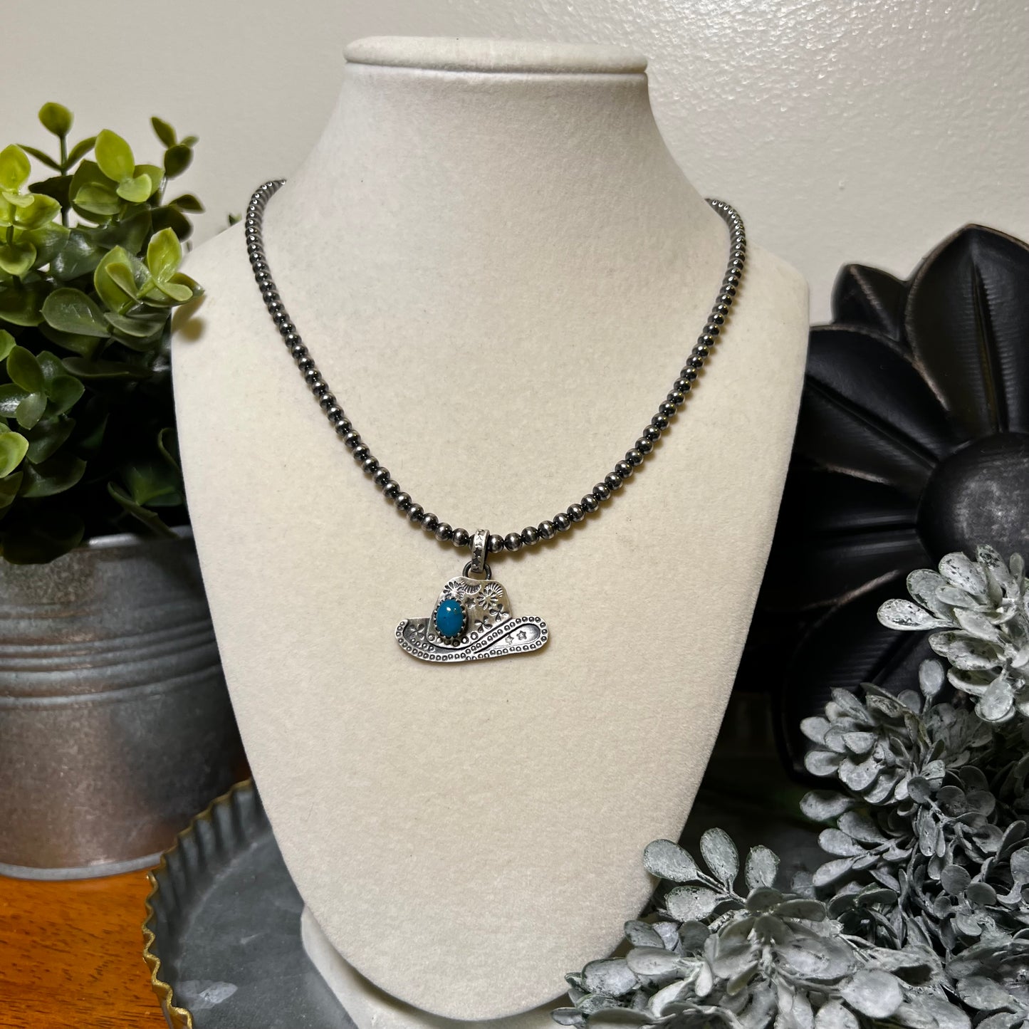 Sterling Silver Kingman Turquoise Cowboy Hat Pendant