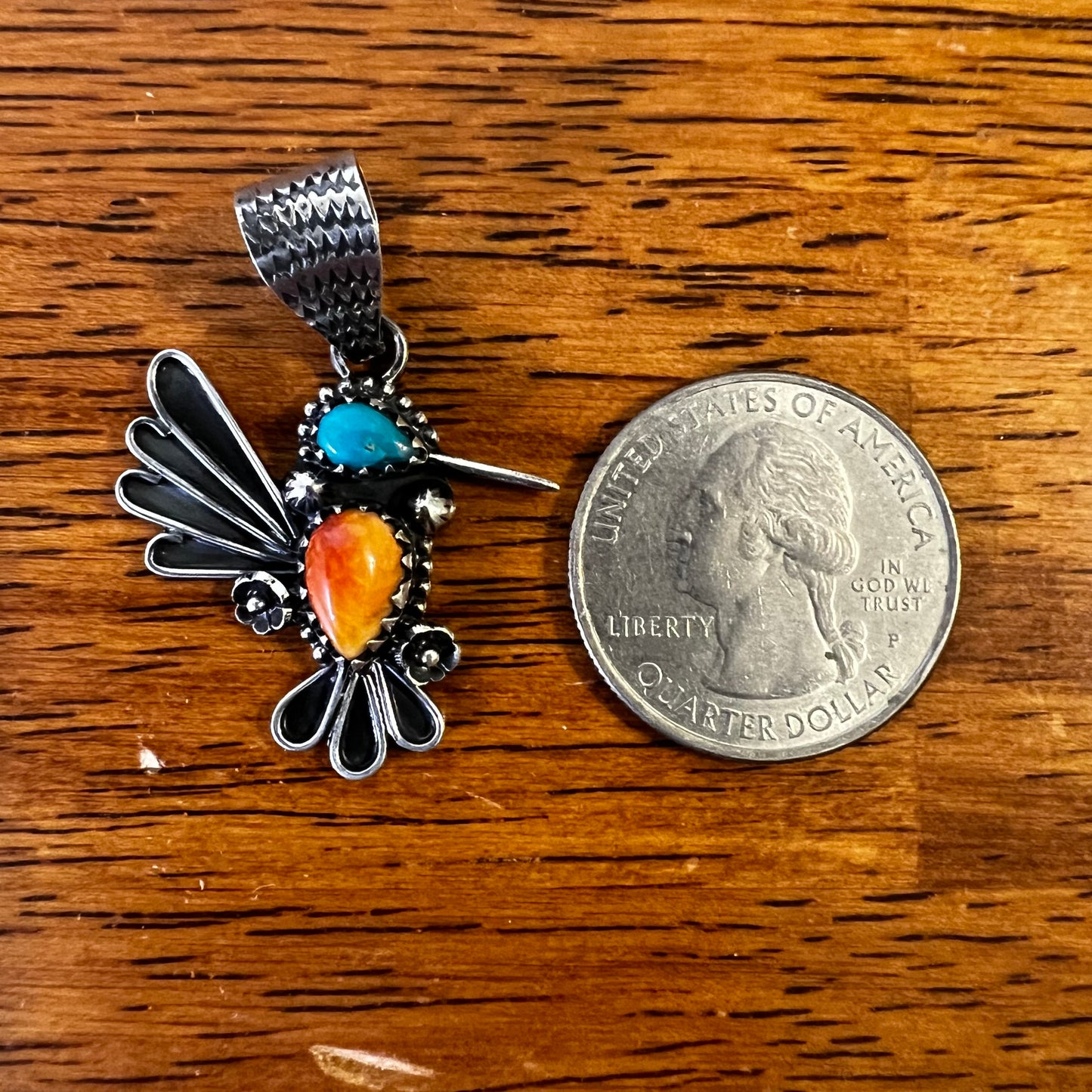 Turquoise & Spiny Oyster Hummingbird Sterling Silver Pendant