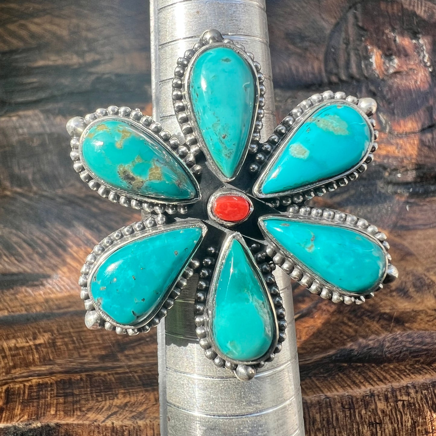 Kingman Turquoise Flower Ring with Italian Red Coral Center | Sterling Silver Statement Ring Size 9