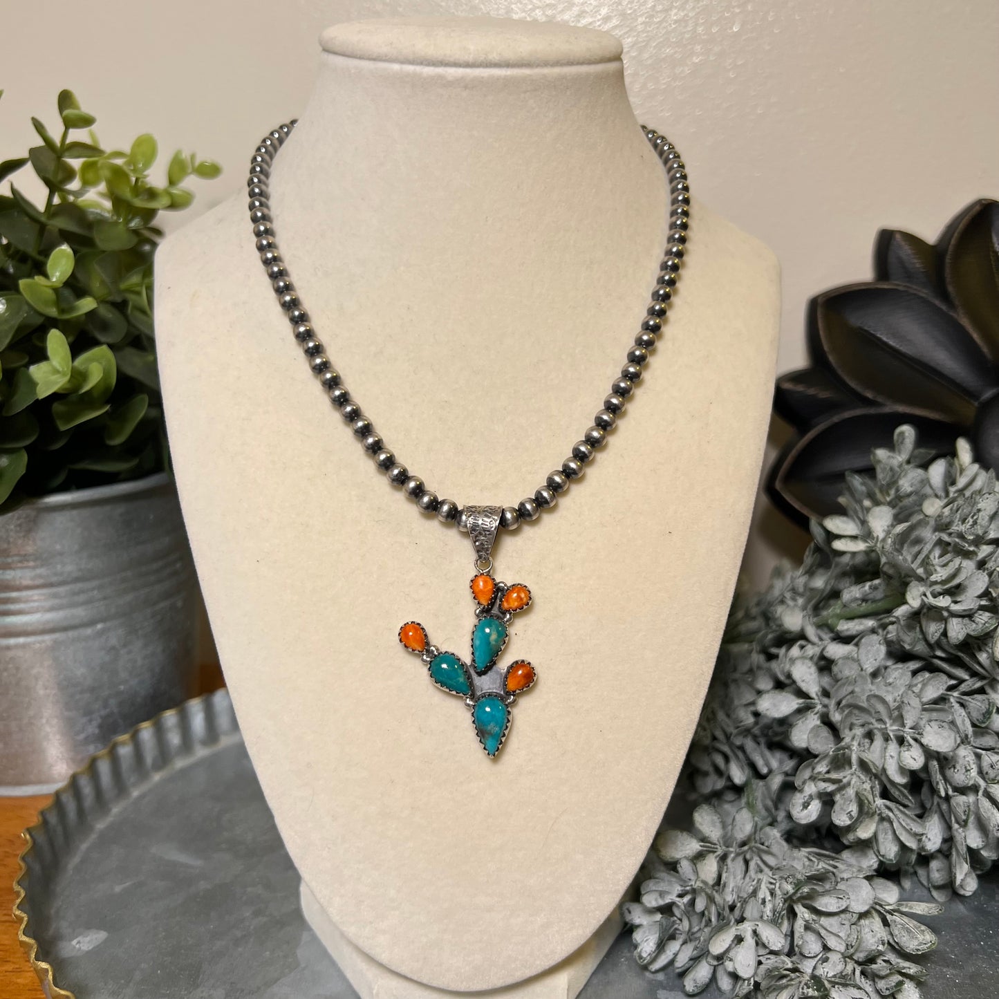 Southwestern Sterling Silver Turquoise & Spiny Oyster Cactus Pendant
