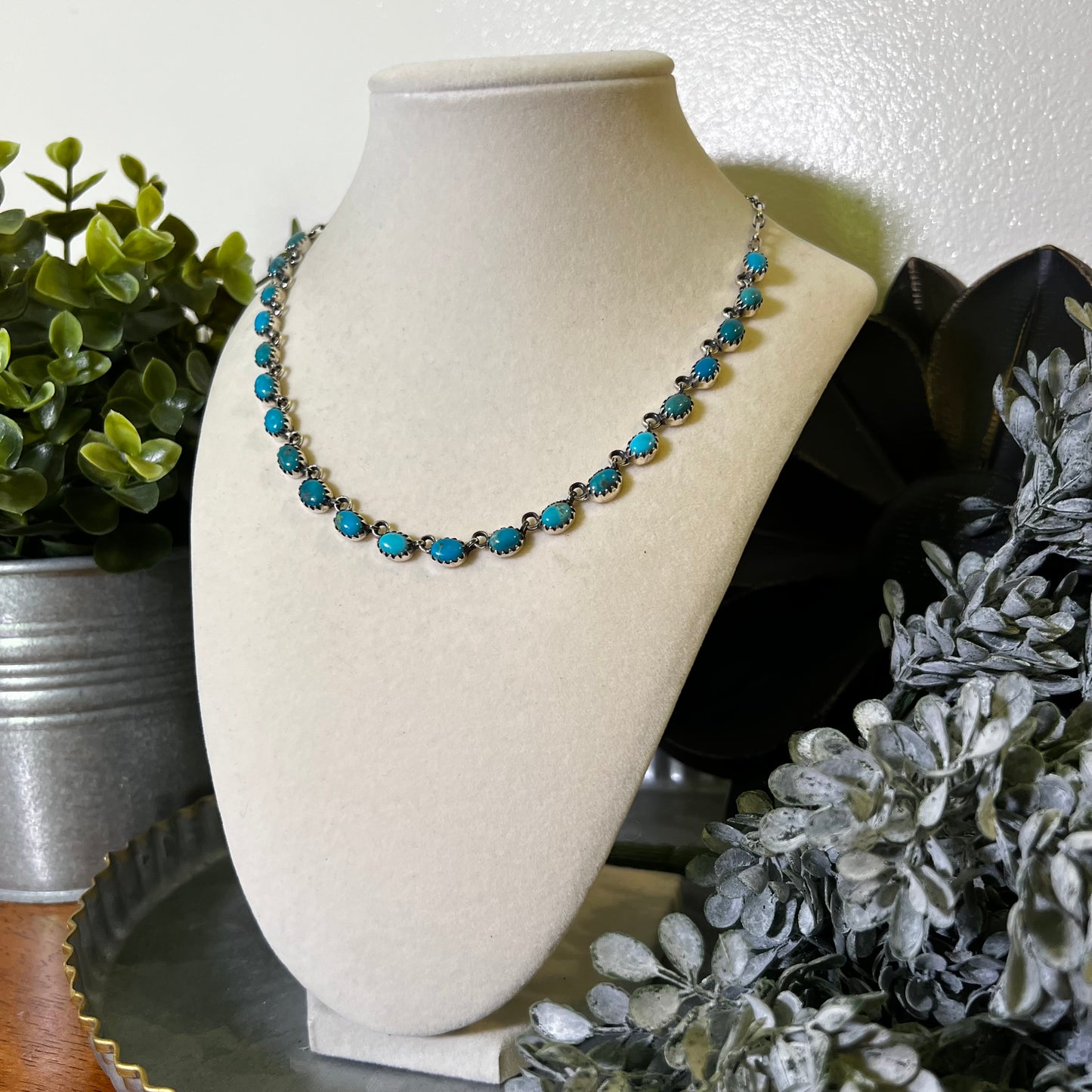 Kingman Turquoise Station Choker Necklace Sterling Silver 17” Blue Green