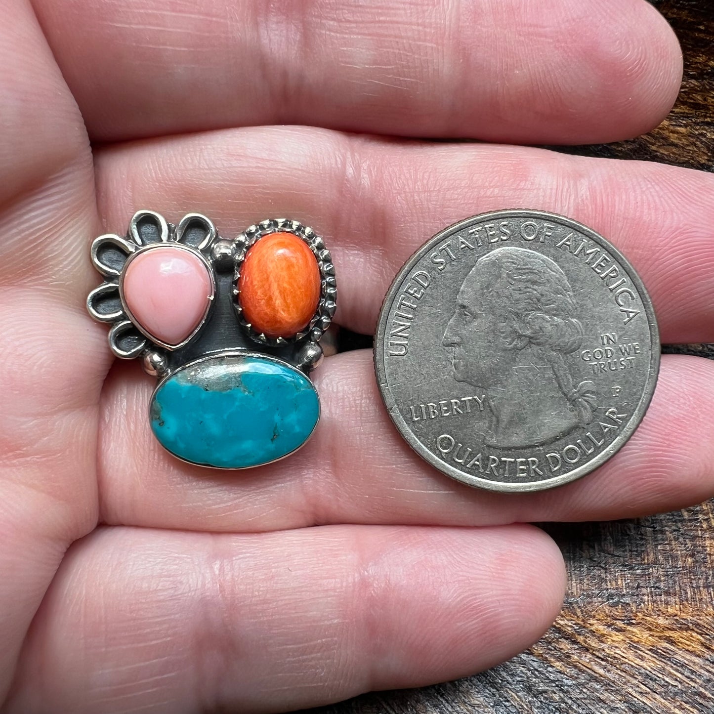 Kingman Turquoise, Spiny Oyster & Queen Conch Sterling Silver Ring – Size 9