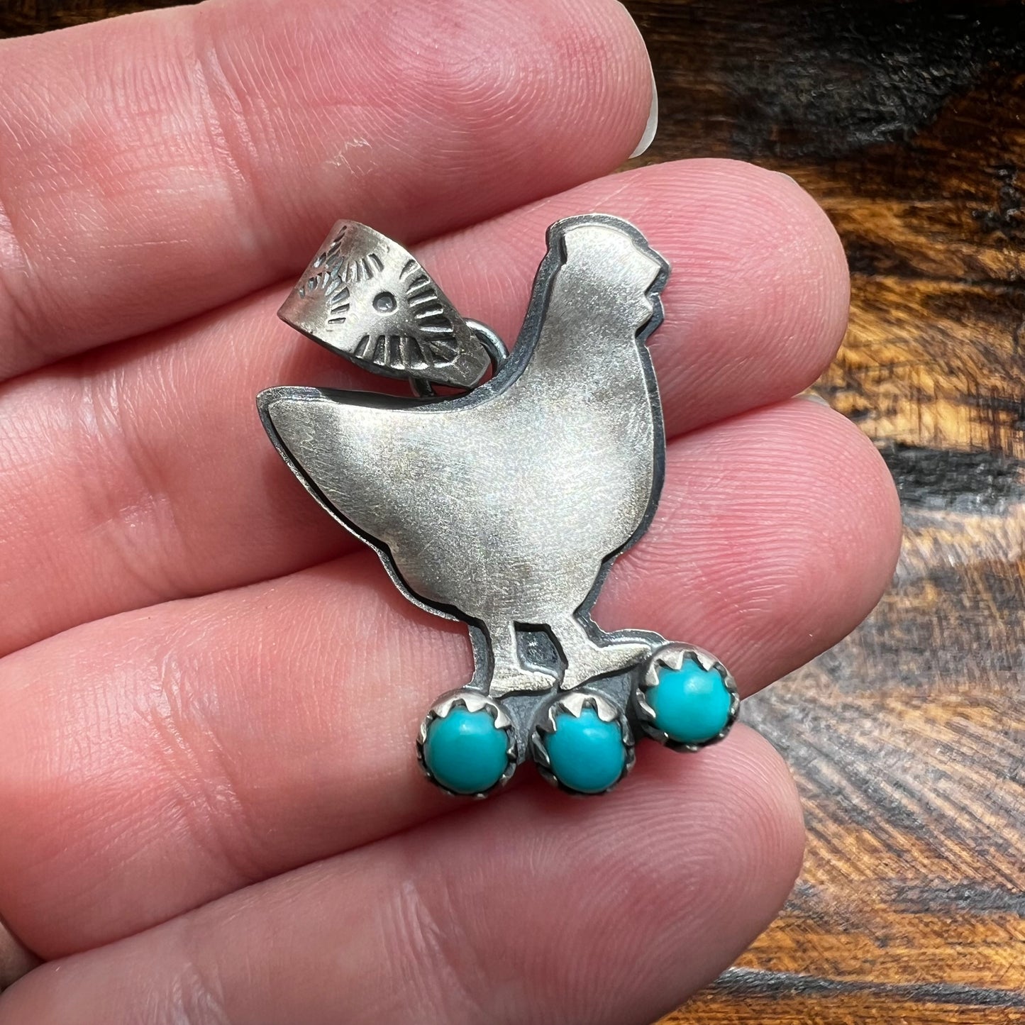 Sterling Silver Kingman Turquoise Chicken Pendant